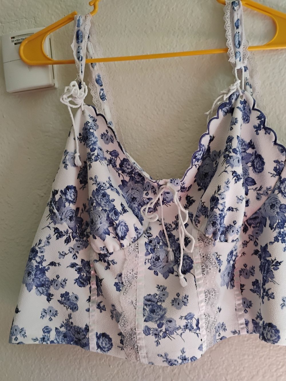 Source Unknown White and Blue Floral Lace-Trim Cami